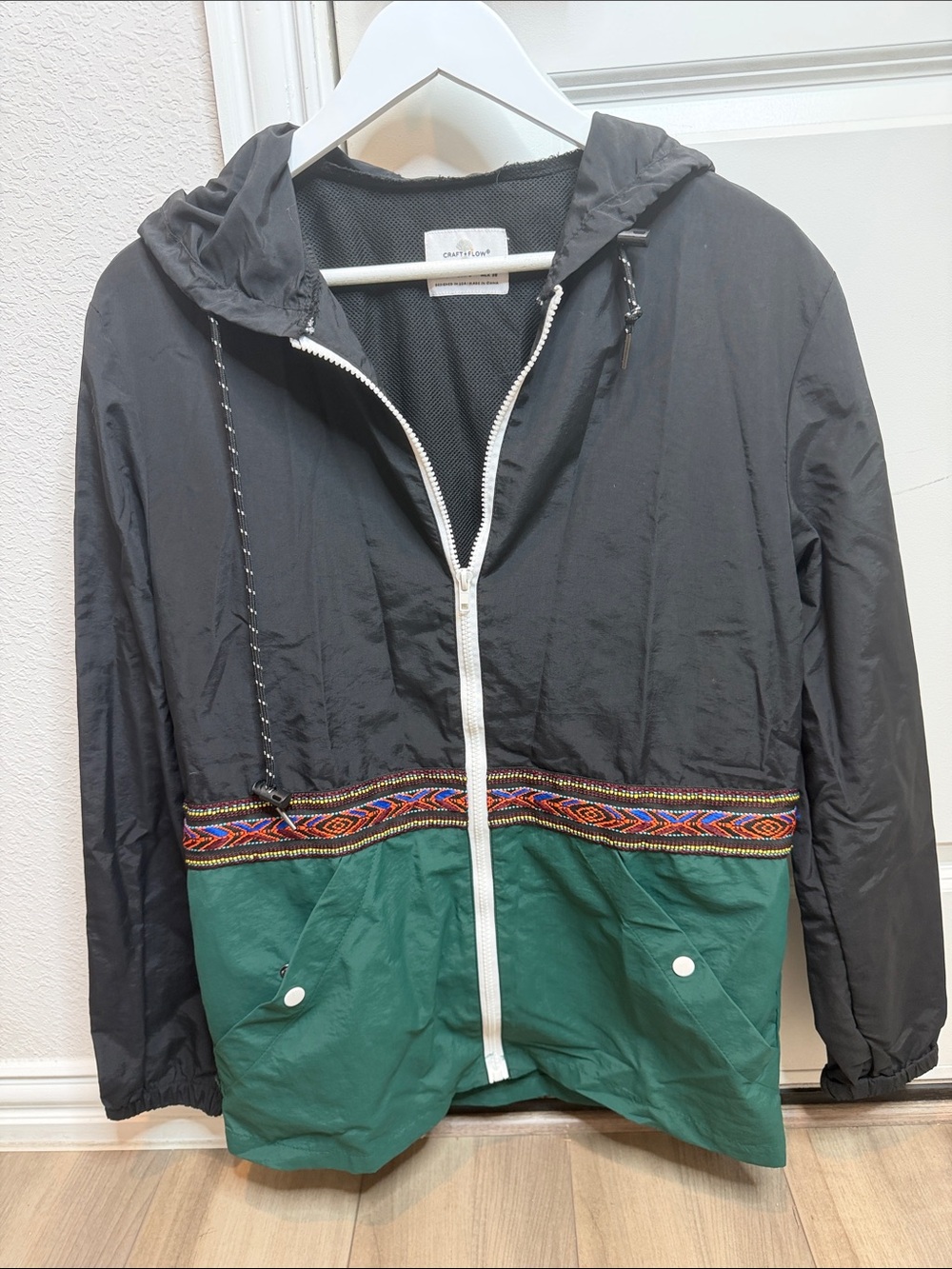 Crafted Life unisex Black and Green Hooded Windbreaker